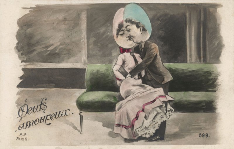 Par med ägghuvuden (färg litho) av French School