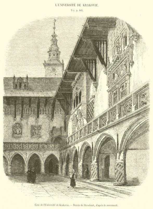 Innergård vid universitetet i Krakow (gravyr) av French School