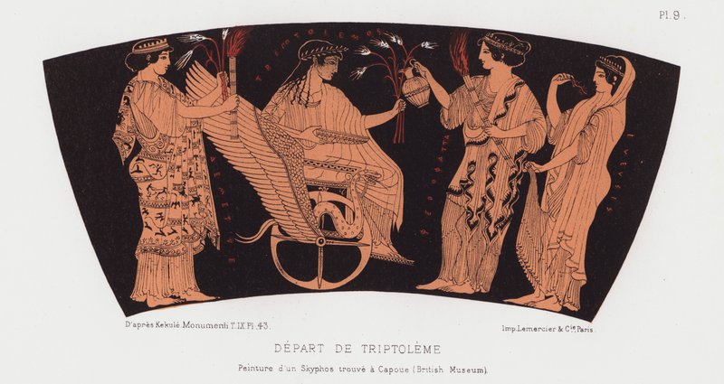 Triptolemus avgång (färg litho) av French School