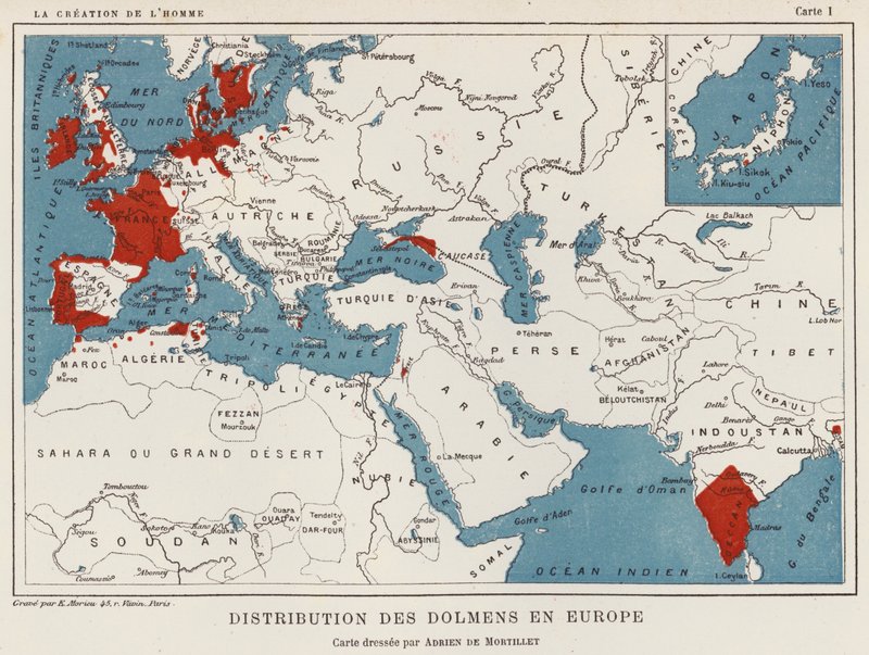 Distribution av Dolmens i Europa (färg litho) av French School