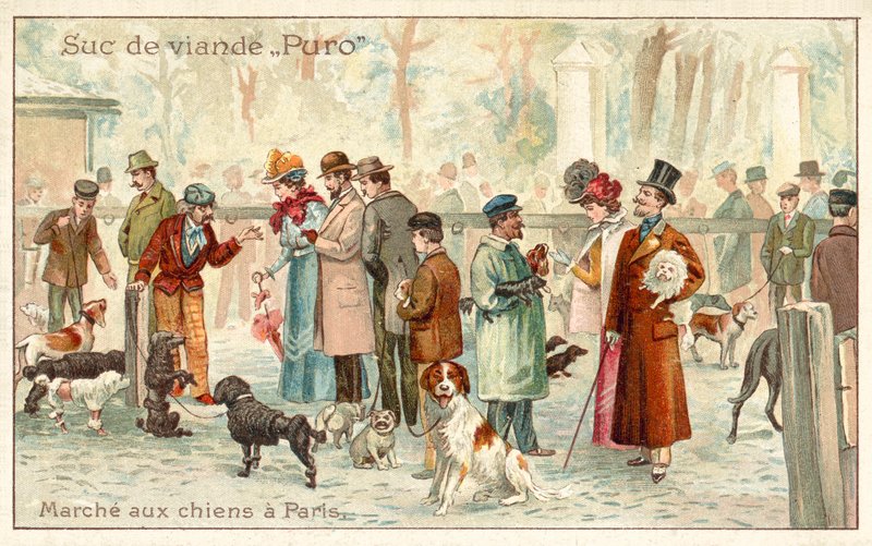 Hundmarknad, Paris (chromolitho) av French School