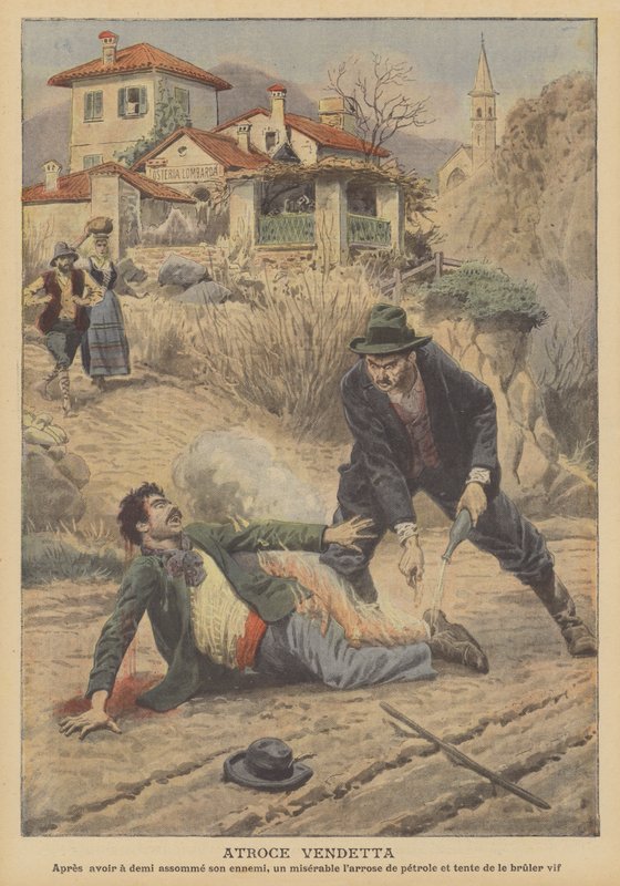 Fruktansvärd vendetta i Oggebbio, Italien (färg litho) av French School