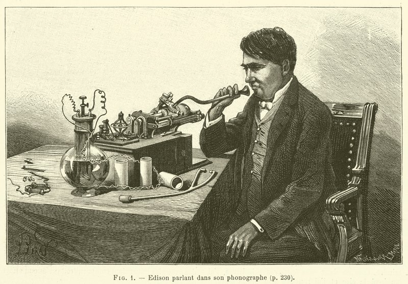 Edison talar in i sin fonograf (gravyr) av French School