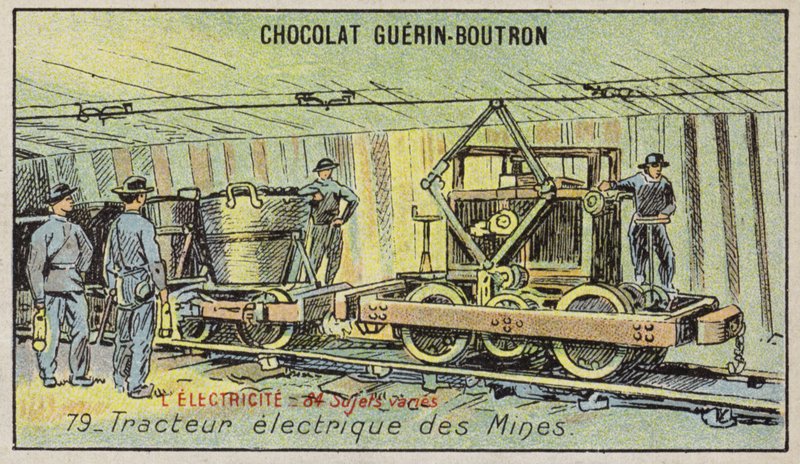 Elektrisk gruvtraktor (chromolitho) av French School