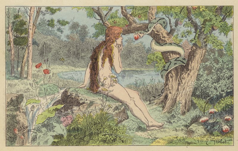 Eva frestad av ormen (färg litho) av French School