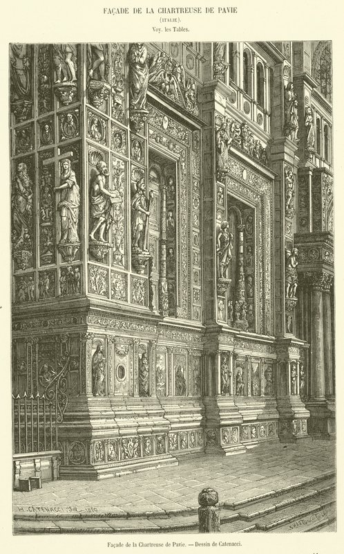 Fasad av Charterhouse of Pavia (gravyr) av French School
