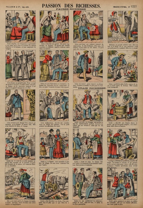 Falsk och sann rikedom (färgad gravyr) av French School