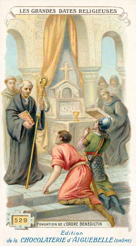Stiftelsen av Benediktinerorden, 529 (chromolitho) av French School