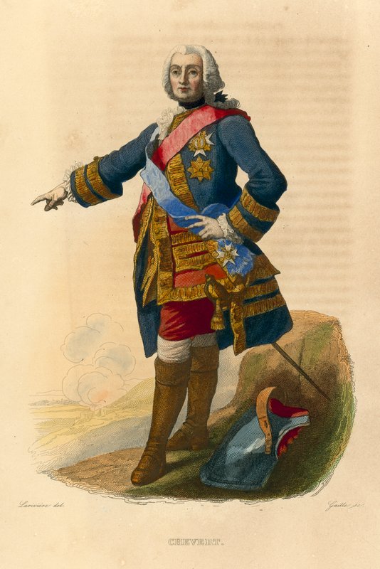 Francois de Chevert (färgad gravyr) av French School
