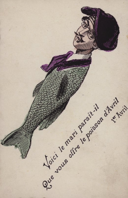 Franskt aprilskämtskort (färglitografi) av French School