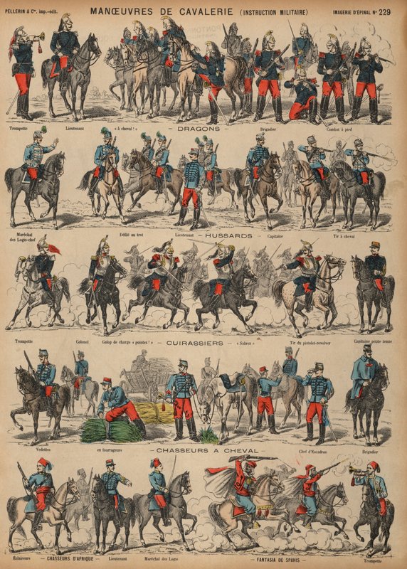Franska arméns kavallerimanövrar (färgad gravyr) av French School