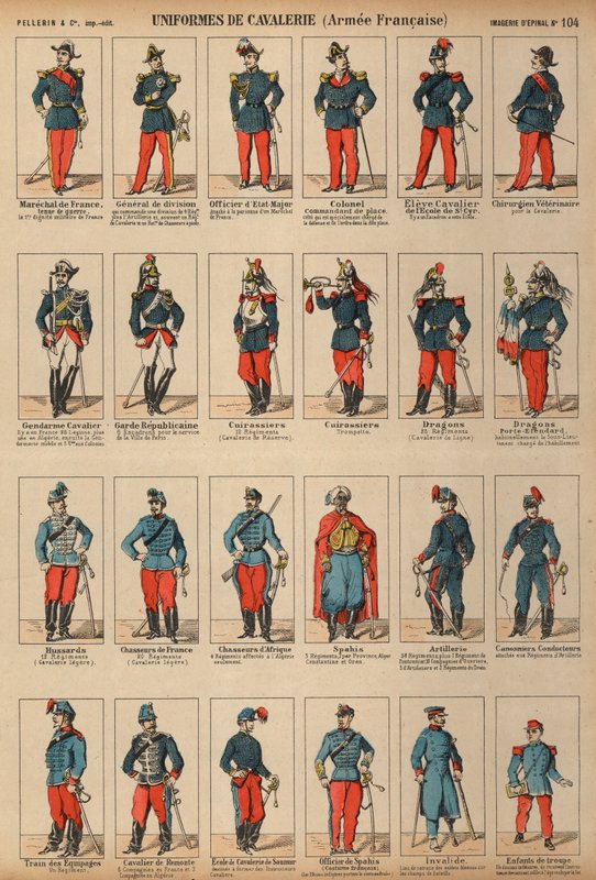 Franska arméns kavalleriuniformer (färgad gravyr) av French School