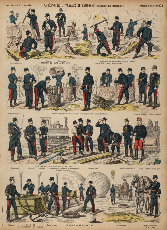 Franska arméns ingenjörer (färgad gravyr) av French School