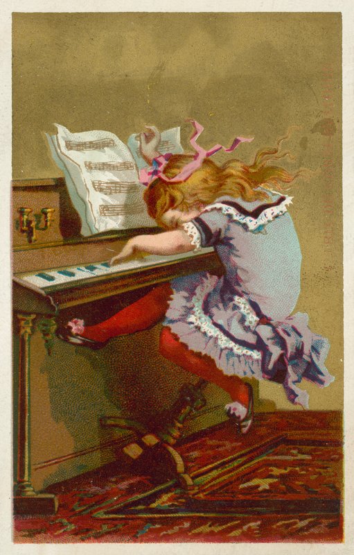 Flicka som spelar piano (chromolitho) av French School