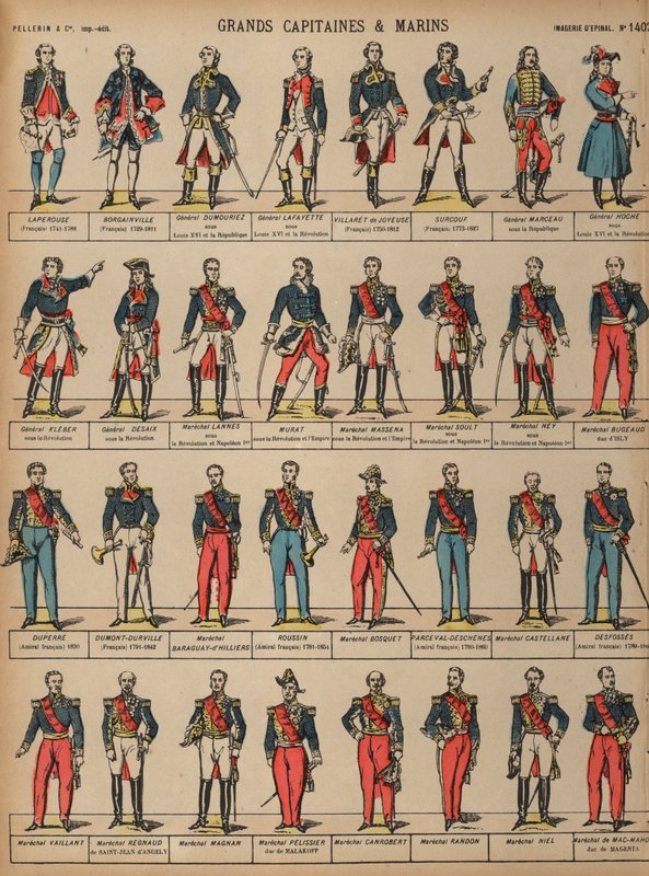 Stora franska militärbefälhavare (färgad gravyr) av French School