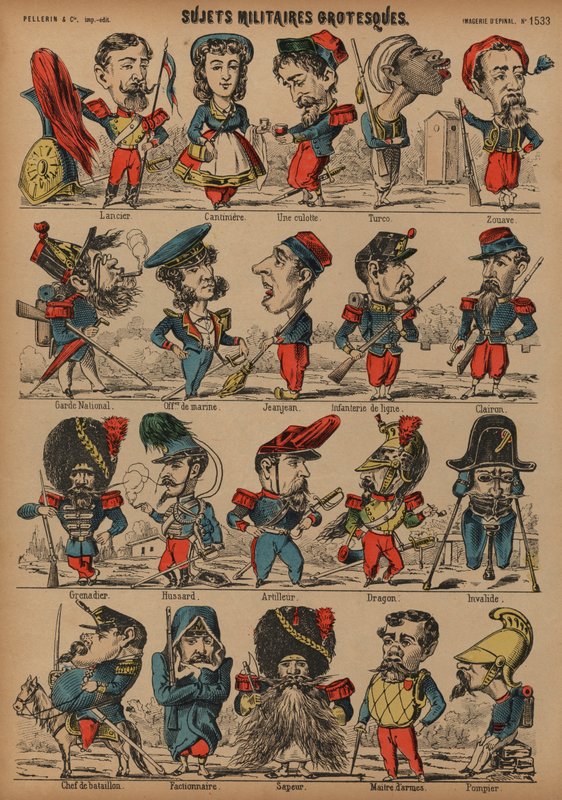 Groteska militärkarikatyrer (färgad gravyr) av French School