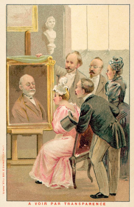 Grupp människor som studerar en målning (chromolitho) av French School