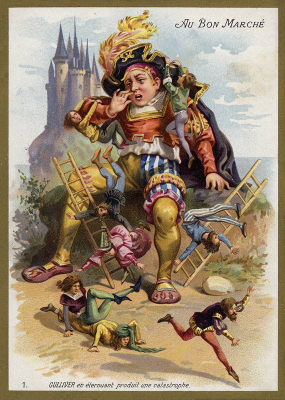 Gulliver nyser och orsakar en katastrof (chromolitho) av French School