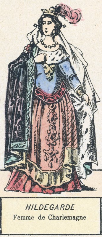 Hildegard, Karl den Stores hustru (färgad gravyr) av French School
