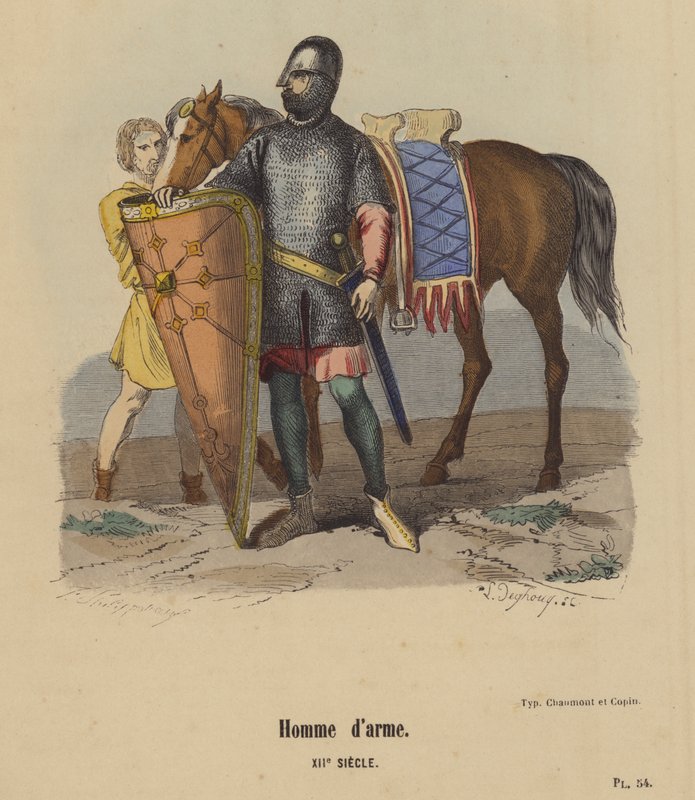 Man-at-arms, XIIth Century (färgad gravyr) av French School