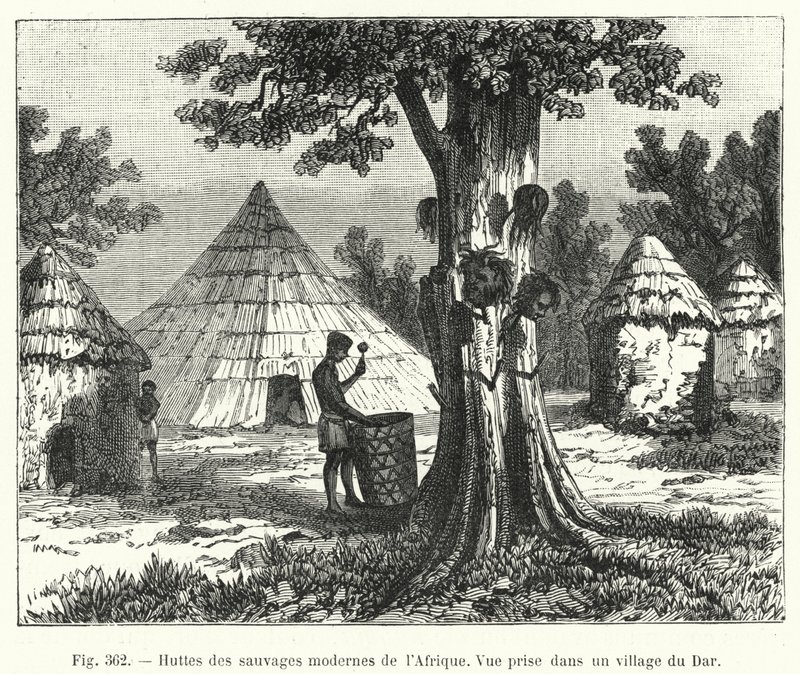 Hyddor av de moderna vildarna i Afrika (gravyr) av French School