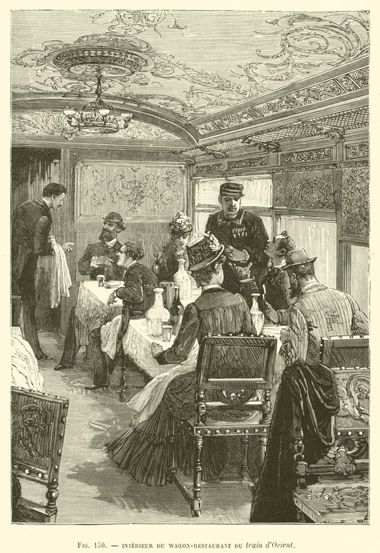 Interiör av Wagon-Restaurant of the Orient-tåget (gravyr) av French School
