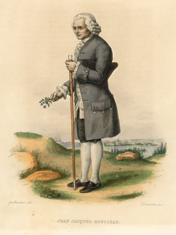 Jean Jacques Rousseau (färgad gravyr) av French School