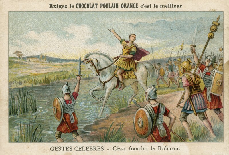 Julius Caesar korsar Rubicon, 49 f.Kr av French School