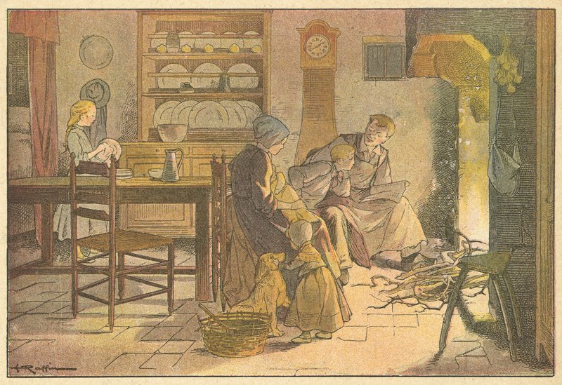 Familjekväll (färglitografi) av French School