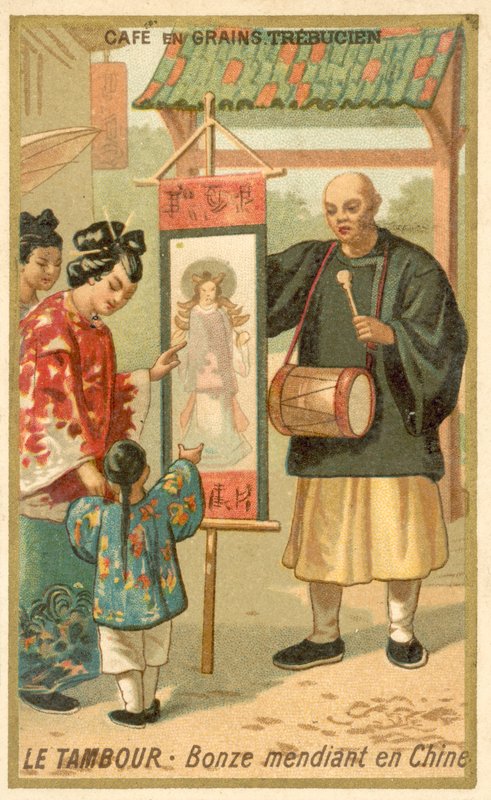 Mendicant munk med en trumma, Kina (chromolitho) av French School