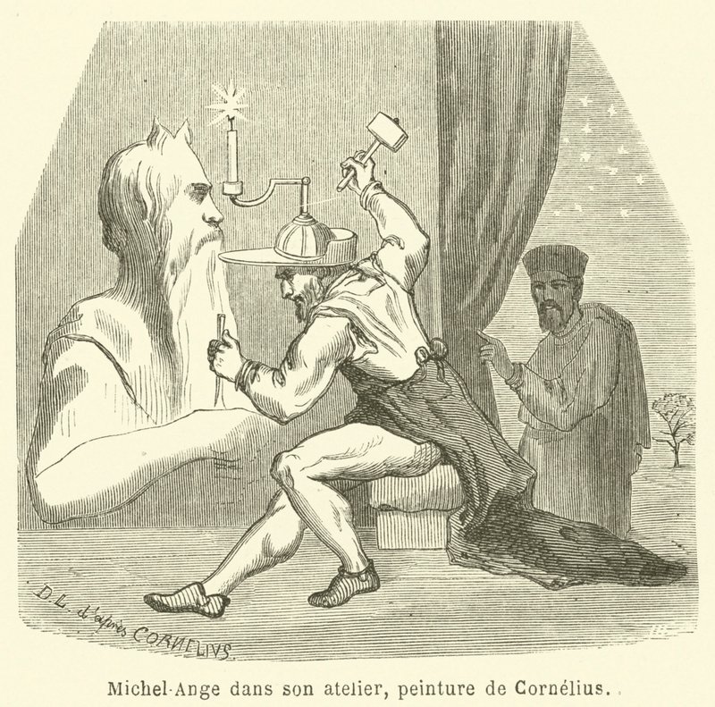 Michelangelo i sin ateljé (gravyr) av French School