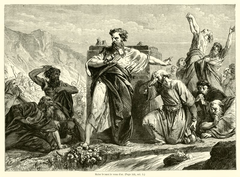Moses bryter guldkalven (gravyr) av French School