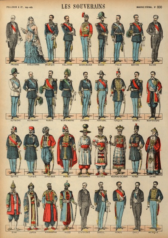 Monarchs of the World (färgad gravyr) av French School