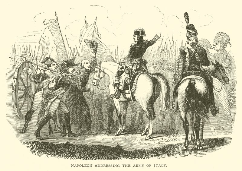 Napoleon talar till Italiens armé (gravyr) av French School