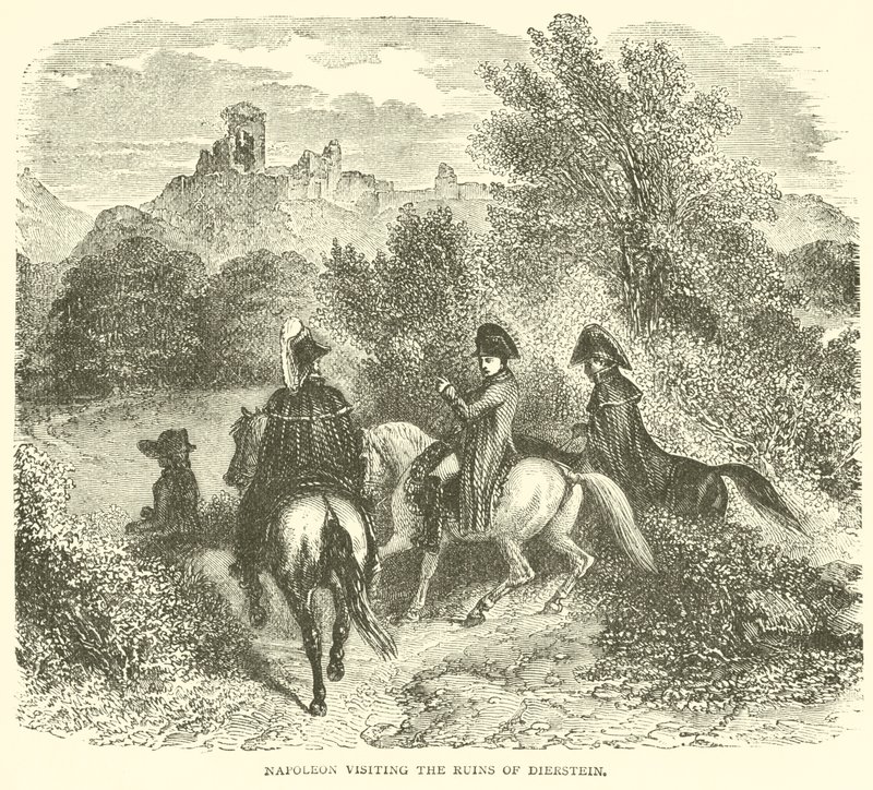 Napoleon besöker ruinerna av Dierstein (gravyr) av French School