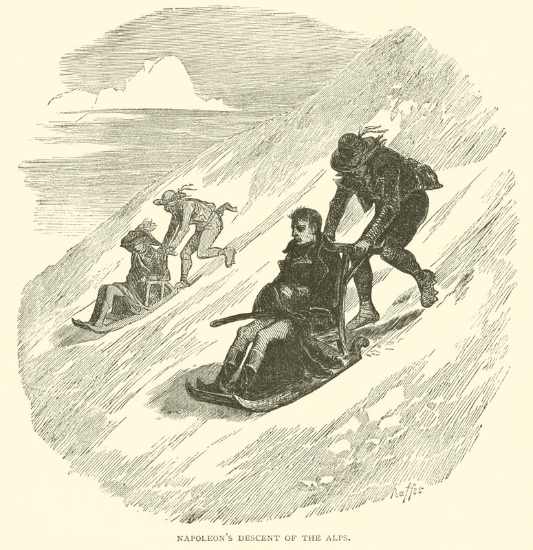 Napoleons nedstigning av alperna (gravyr) av French School