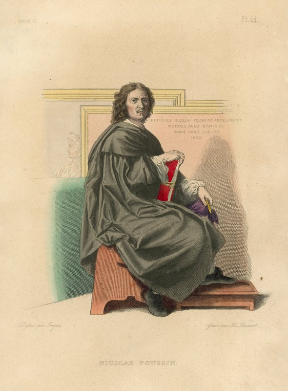 Nicolas Poussin (färgad gravyr) av French School