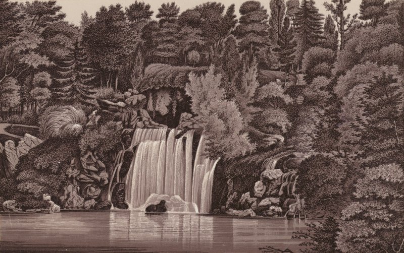 Paris: Bois de Boulogne vattenfall (litho) av French School