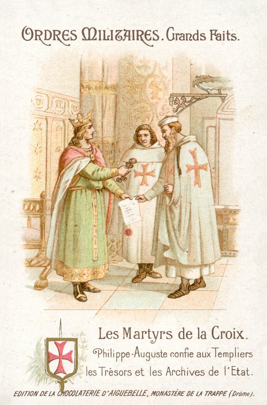 Philip Augustus belönar tempelriddarna (chromolitho) av French School