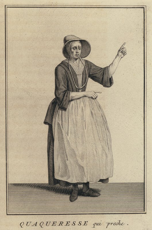 Quaker kvinna predikar (gravyr) av French School