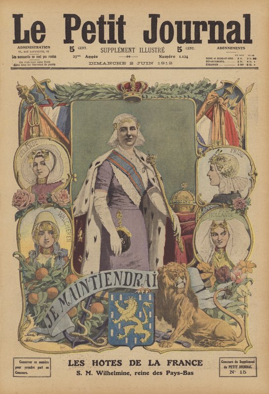Drottning Wilhelmina av Nederländerna (färg litho) av French School