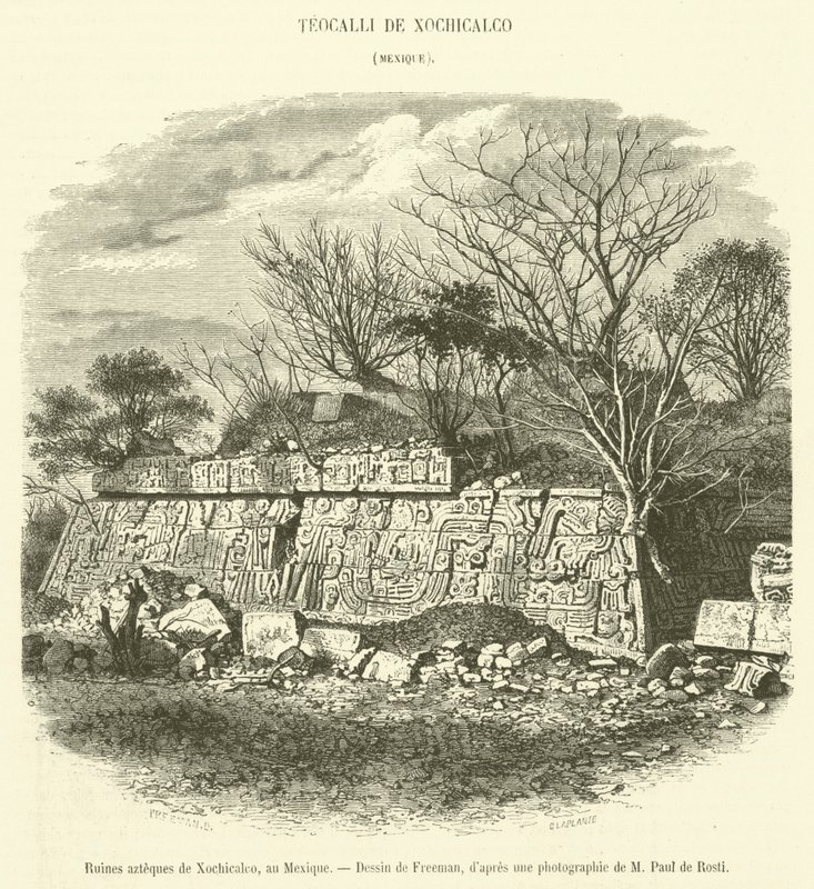 Aztekiska ruinerna av Xochicalco, Mexiko (gravyr) av French School