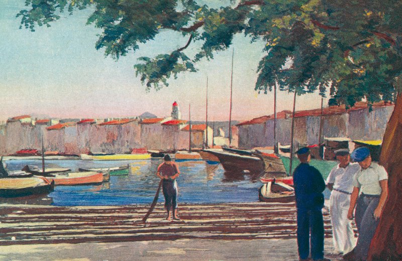 Saint Tropez: Hamnen (färglitografi) av French School