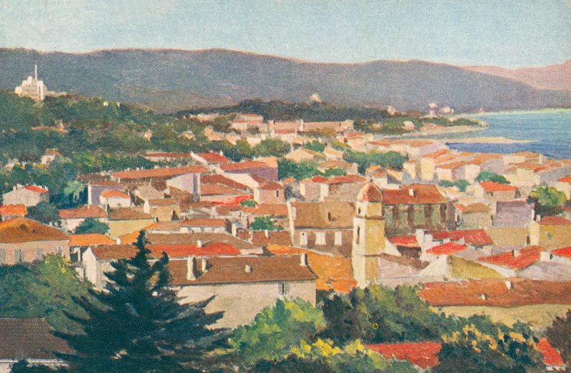 Saint Tropez: Allmän vy (färglitografi) av French School