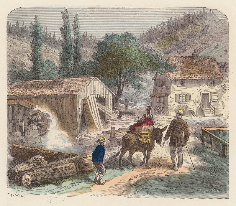 Sågverk (färgad gravyr) av French School
