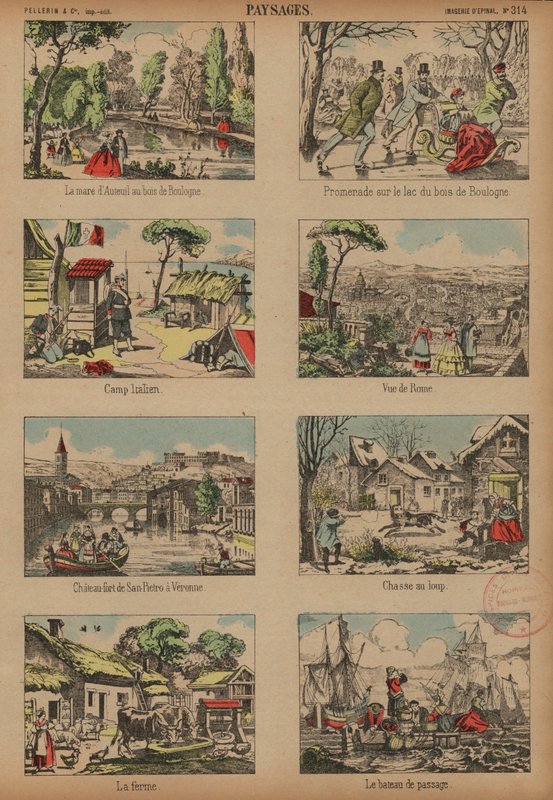 Scener och landskap (färgad gravyr) av French School