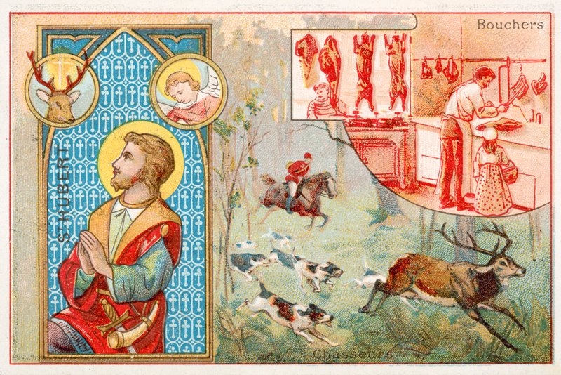 St Hubert, jägarnas skyddshelgon (chromolitho) av French School