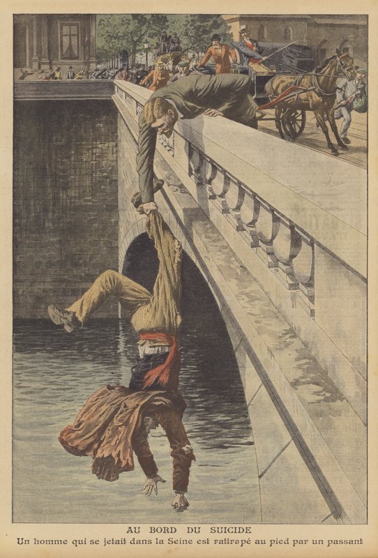 Självmordsförsök i Paris (färg litho) av French School