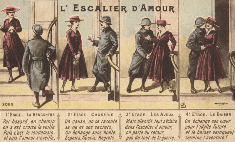 Kärlekens utveckling (färg litho) av French School