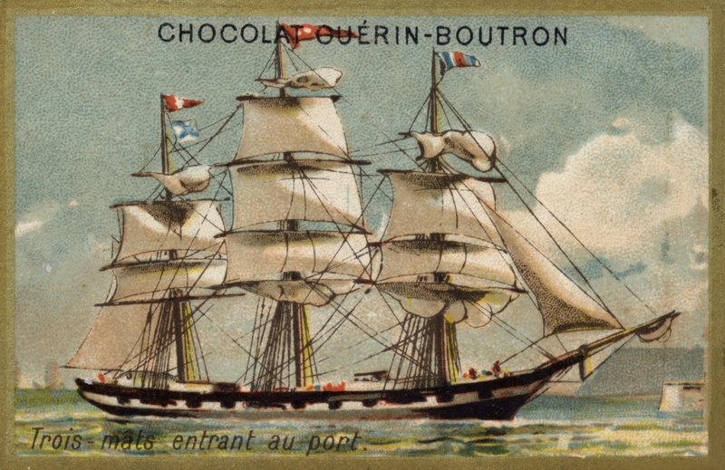 Tremastat segelfartyg anlöper hamn (chromolitho) av French School